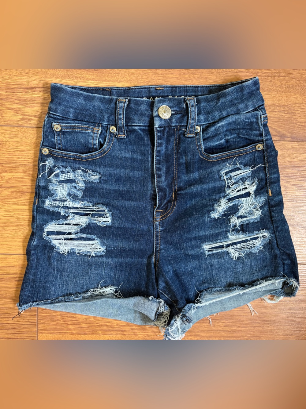 High- Waisted American Eagle Dark Blue Stretch Denim Shorts 0